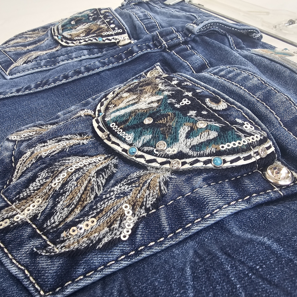 Miss Me Womens Bootcut Western Jeans Embroidered Beaded Medium Wash 26x33 WOW
